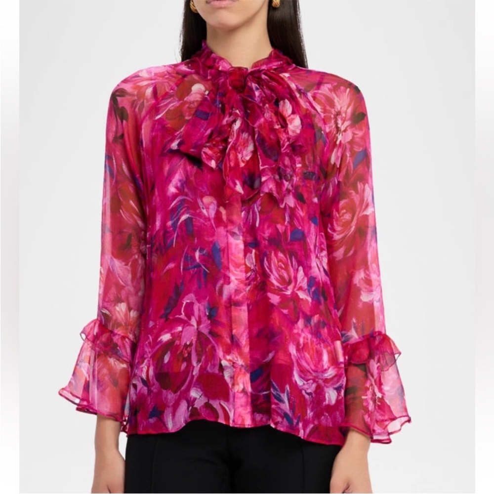 Johnny Was Emerie Tie-Neck Silk Chiffon Blouse
